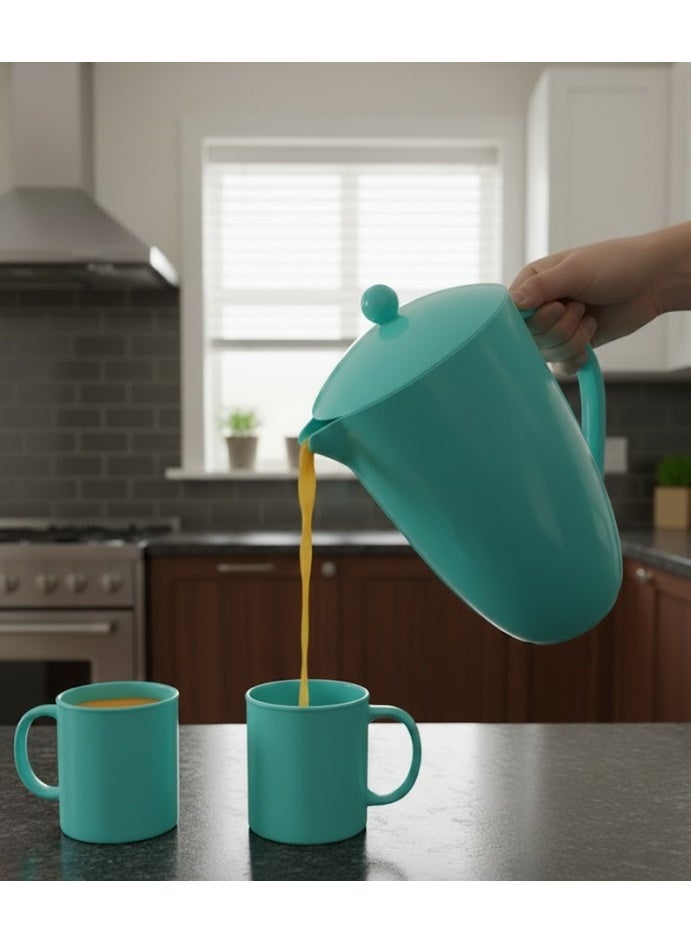 فافيلا إبريق ماء وعصائر من البلاستيك مع كوبين، طقم أدوات شرب صحية ، آمن للاستخدام في الثلاجة وغسالة الصحون، سعة 2.6 لتر، مزود بمقبض متين، غطاء ثنائي الاتجاه وكوبين للتقديم. - Image 2