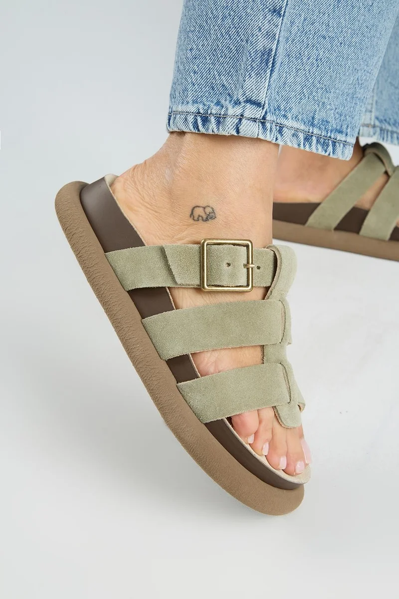 Manijero Manijero (Hicks) Women's Genuine Leather Buckle Strap Slippers in Aqua Green