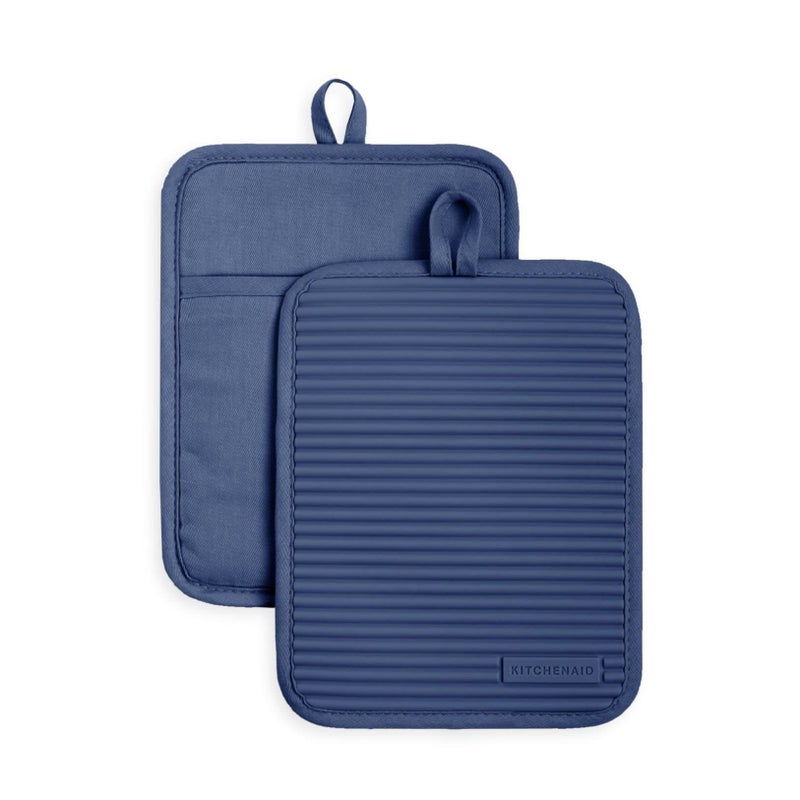 KitchenAid Ribbed Soft Silicone Pot Holder 2-Pack Set  Blue Willow  7""x9"" - Image 1