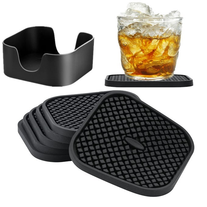Silicone Coasters Set of 6 Drink Coasters with Holder NonSlip Cup Mat Deep Tray Absorbent Coaster Heat Resistant Countertop Protection BlackSquare