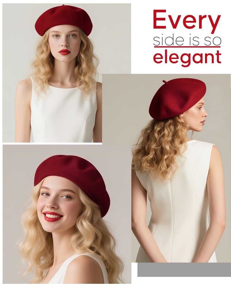 CKYPTFK Beret Hats for Women Holiday Wool French Style-Black/Wine Red Church Hat-Clueless Outfit & Men's Beret - Image 4
