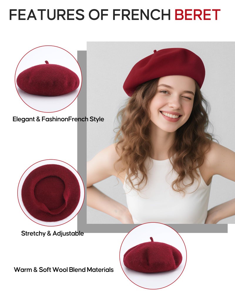 CKYPTFK Beret Hats for Women Holiday Wool French Style-Black/Wine Red Church Hat-Clueless Outfit & Men's Beret - Image 3