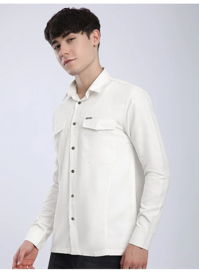 Beyoung White Dual Pocketed Suede Shirt