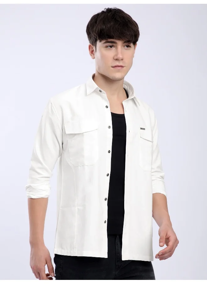 Beyoung White Dual Pocketed Suede Shirt