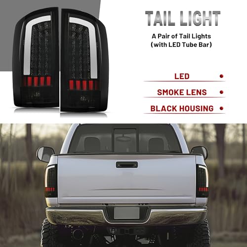 HECASA LED Tail Lights Assembly Compatible with 2002-2006 Dodge Ram 1500 2500 3500 LED Tube Bar Rear Brake Turn Signal Lamp Taillights Smoke Lens Black Housing Left & Right - Image 4