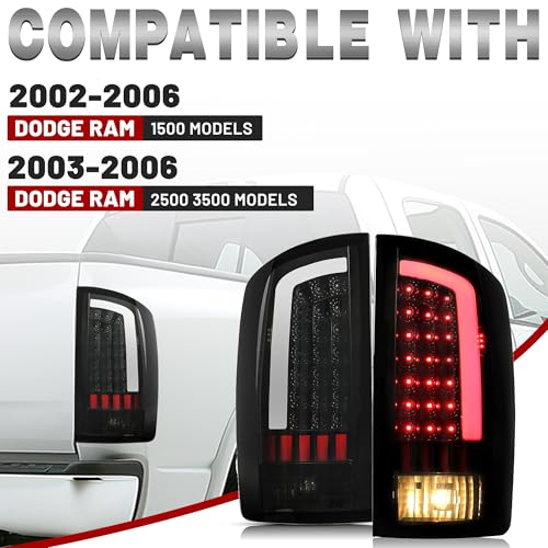 HECASA LED Tail Lights Assembly Compatible with 2002-2006 Dodge Ram 1500 2500 3500 LED Tube Bar Rear Brake Turn Signal Lamp Taillights Smoke Lens Black Housing Left & Right - Image 3