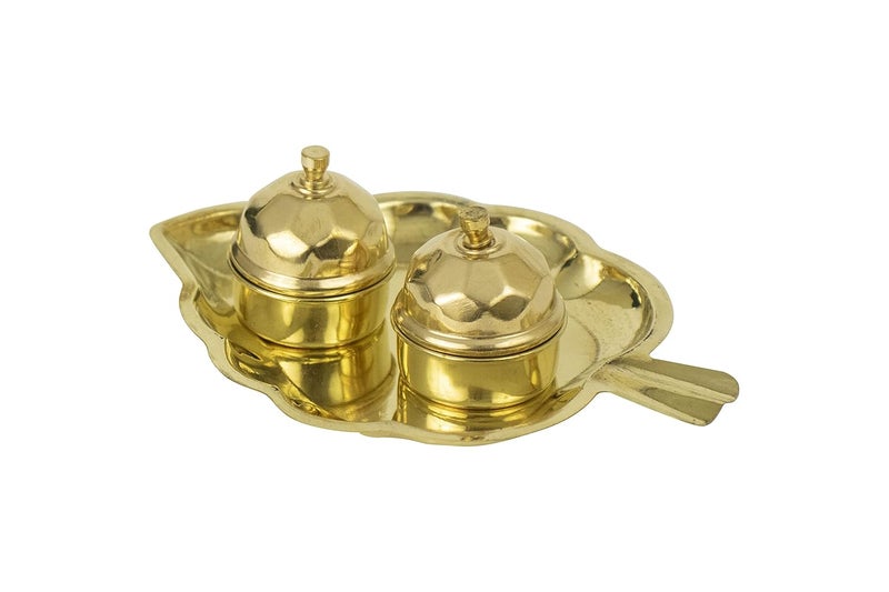 Putrika Traditional Handcrafted Brass Thali Haldi kumkum Chandhan Holder Stand Plate with Lid for Pooja Puja Worship Small 2 Leaf Bowl - Image 1