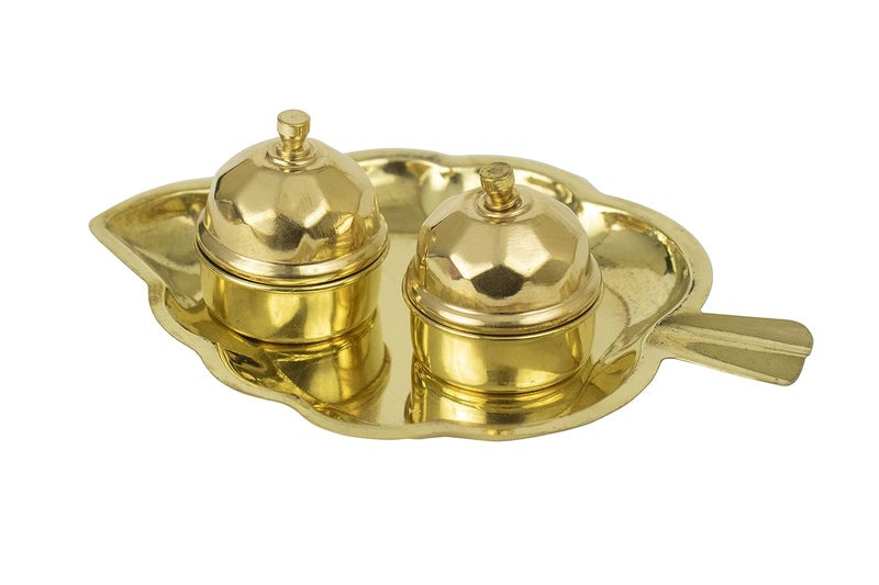 Putrika Traditional Handcrafted Brass Thali Haldi kumkum Chandhan Holder Stand Plate with Lid for Pooja Puja Worship Small 2 Leaf Bowl - Image 2