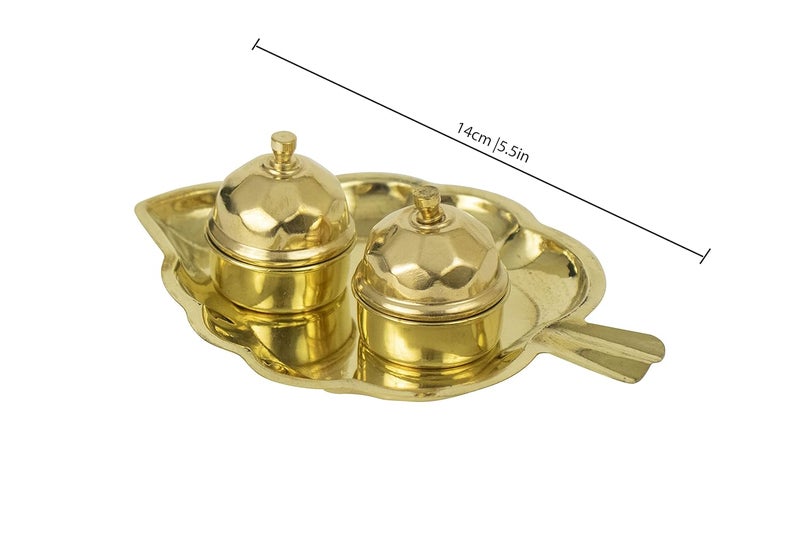 Putrika Traditional Handcrafted Brass Thali Haldi kumkum Chandhan Holder Stand Plate with Lid for Pooja Puja Worship Small 2 Leaf Bowl - Image 4