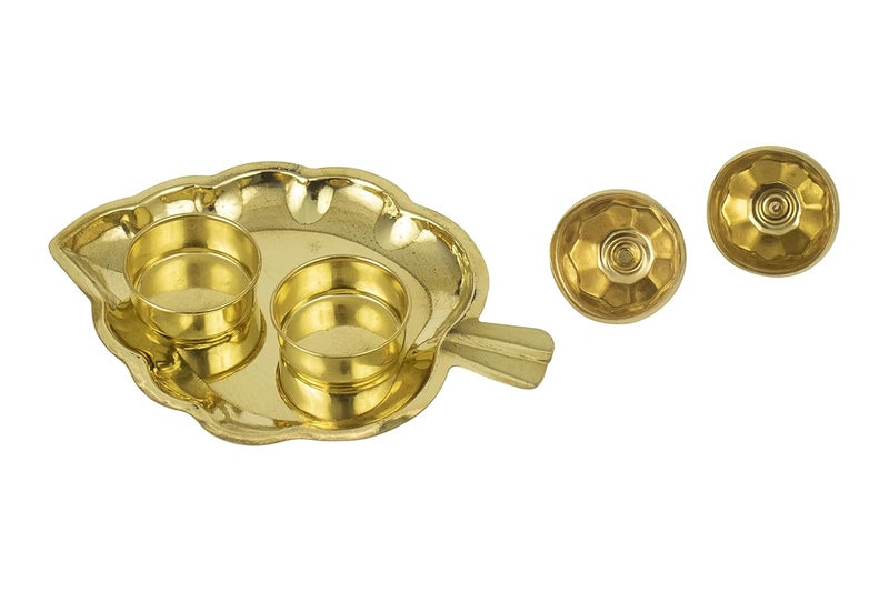 Putrika Traditional Handcrafted Brass Thali Haldi kumkum Chandhan Holder Stand Plate with Lid for Pooja Puja Worship Small 2 Leaf Bowl - Image 3
