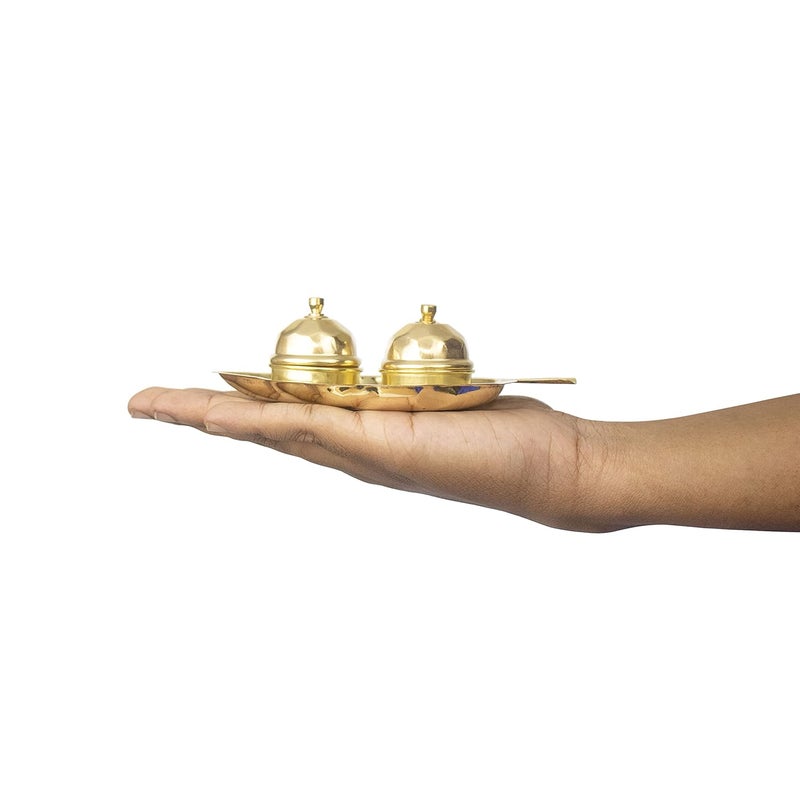 Putrika Traditional Handcrafted Brass Thali Haldi kumkum Chandhan Holder Stand Plate with Lid for Pooja Puja Worship Small 2 Leaf Bowl - Image 5