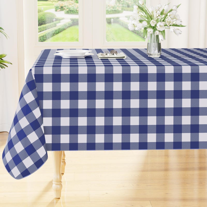 Smiry Rectangle Table Cloth  Waterproof Vinyl Tablecloths With Flannel Backing  Wipeable Buffalo Plaid Table Cover For Dining  Indoor And Outdoor (Navy & White  60""X84"") - Image 1