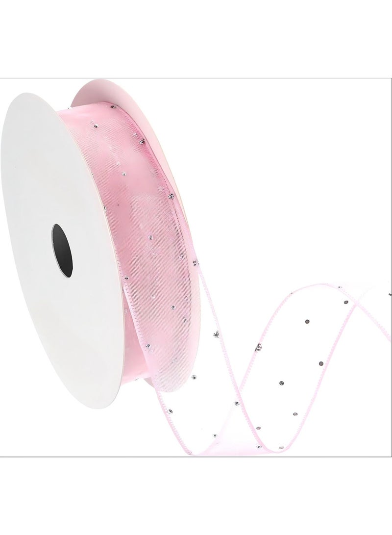 Organza Sheer Ribbon with Silver Rhinestone, 1 Inch x 10 Yard Gauze Wired Ribbon for Christmas Tree Wreath Bow Making Gift Wrapping Party Decoration, Pink - Image 1