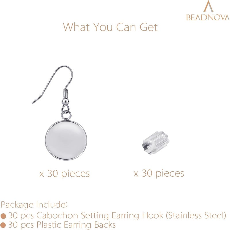 BEADNOVA Earring Kit 30pcs Blank Ear Wire Hook 10mm Stainless Steel Cabochon Setting Earring Bezel with Rubber Backs for Cabochon Resin DIY Earwire Making 10mm 30pcs - Image 3