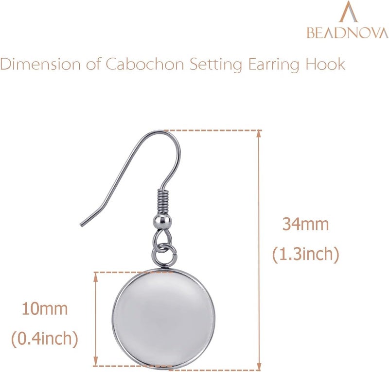 BEADNOVA Earring Kit 30pcs Blank Ear Wire Hook 10mm Stainless Steel Cabochon Setting Earring Bezel with Rubber Backs for Cabochon Resin DIY Earwire Making 10mm 30pcs - Image 2