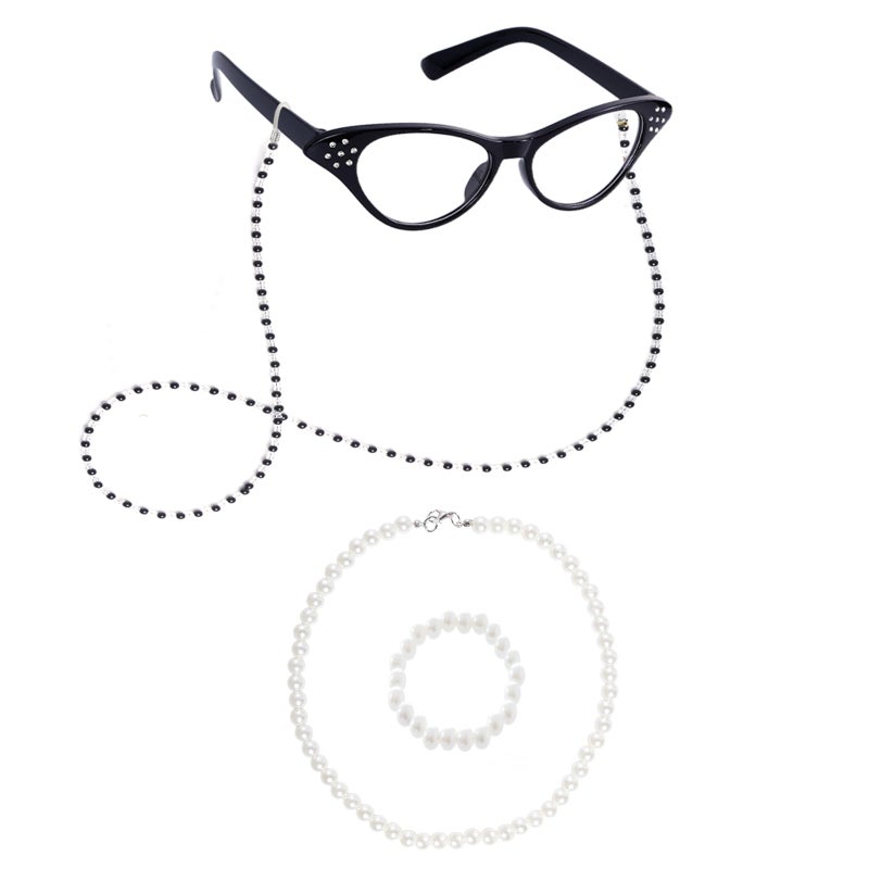 phnydreg 4Pcs Old Lady Costume Accessories for Women 100th day of School Granny Cosplay with Cat Eye Glasses Necklace Bracelet for Halloween Dress Up Party - Image 1