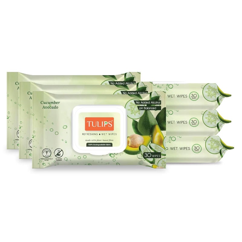 Tulips RefreshingEveryday Cleaning Wet Wipes made with PLANT based fibre LID Pack Cucumber Avocado Pack of 6 30 wipes each - Image 1