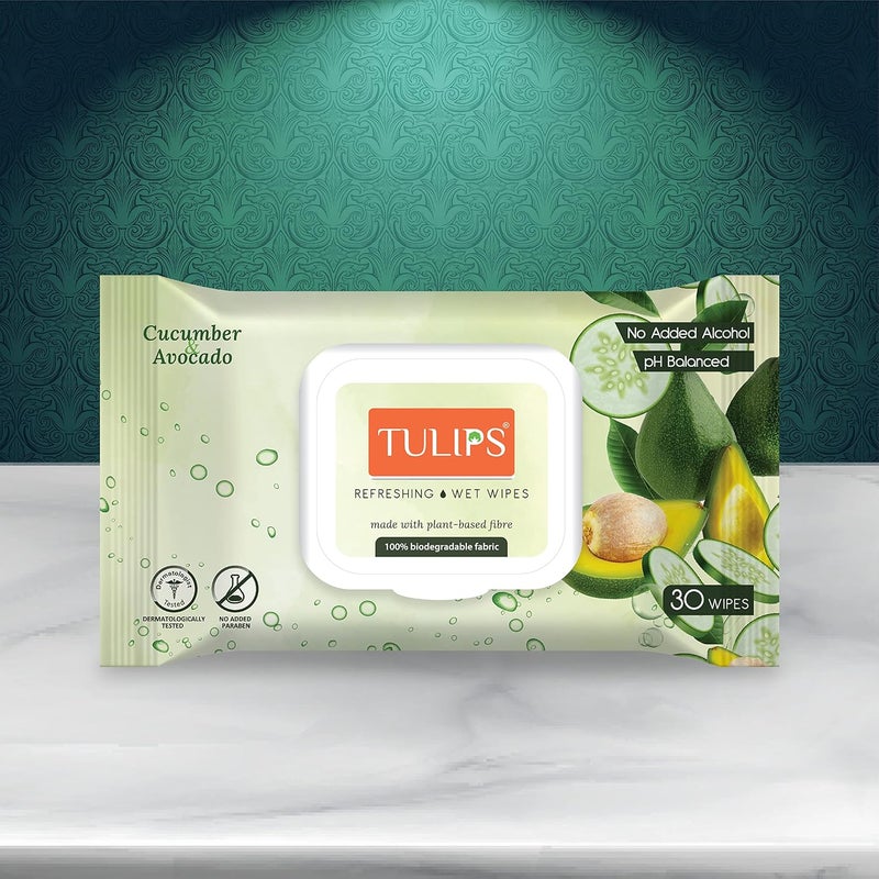 Tulips RefreshingEveryday Cleaning Wet Wipes made with PLANT based fibre LID Pack Cucumber Avocado Pack of 6 30 wipes each - Image 2
