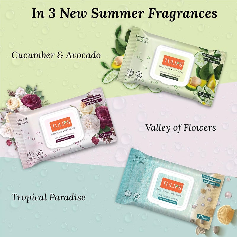 Tulips RefreshingEveryday Cleaning Wet Wipes made with PLANT based fibre LID Pack Cucumber Avocado Pack of 6 30 wipes each - Image 5