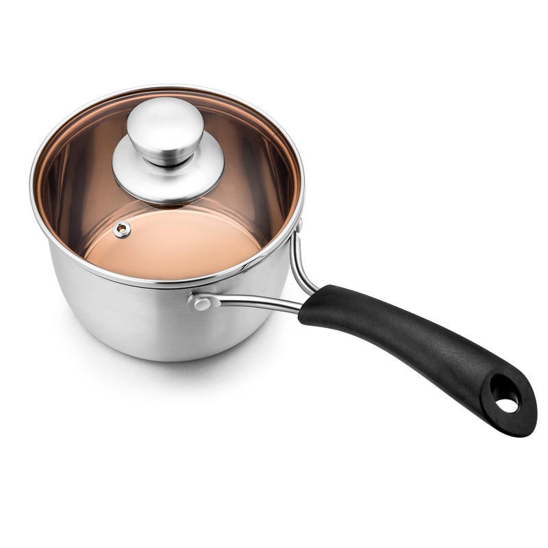 Homikit 14cm Saucepan Professional Stainless Steel Sauce pan with Glass Lid Small Milk Cooking Pan for Home Kitchen Restaurant Heatproof Handle Mirror Finished  Easy Clean