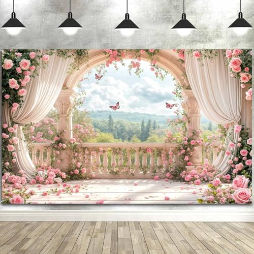 Drgilau 10X8ft Pink Floral Photography Backdrop, Retro Flowers Photography Backdrop Dreamlike Wedding Portrait Photo Background Wedding Birthday Party Background Banner Decor, Pink-1 - Image 2