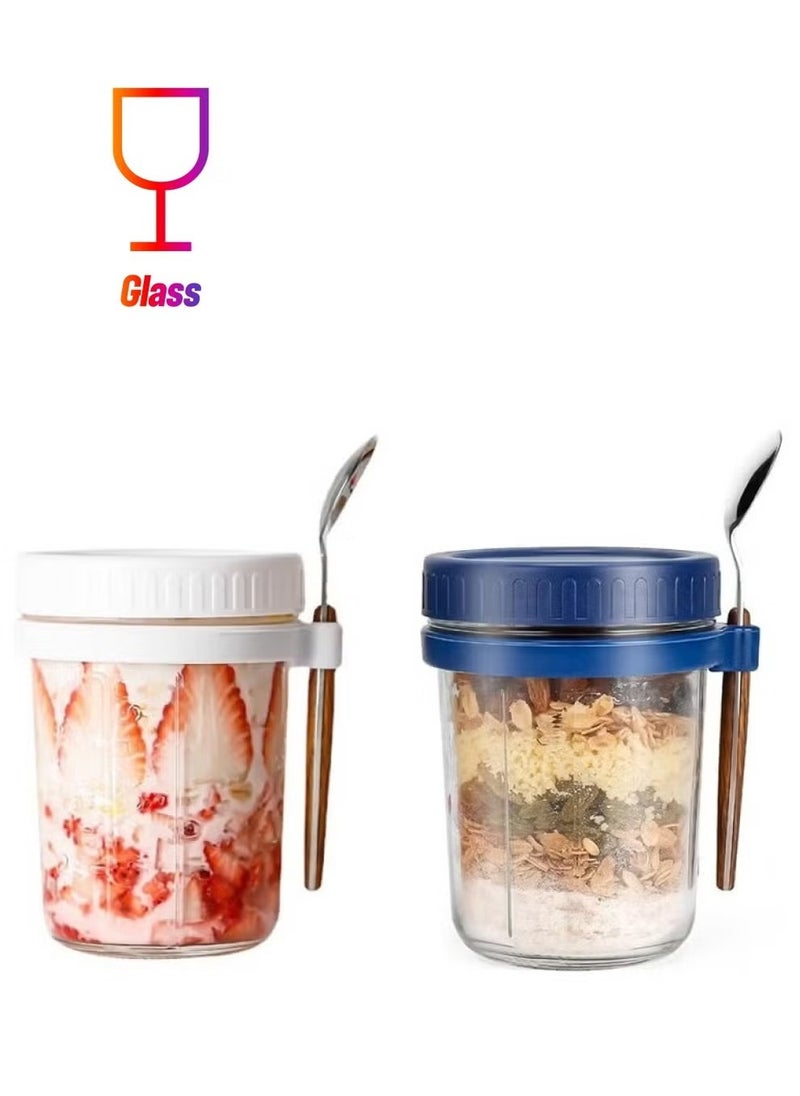 Le Parfait 【2-Piece Set】Blue & White 350ml Glass Mason Jars with Airtight Lids & Spoons | Food Storage Containers for Salad, Juice, Snacks | Leakproof & Microwave Safe  - Image 1