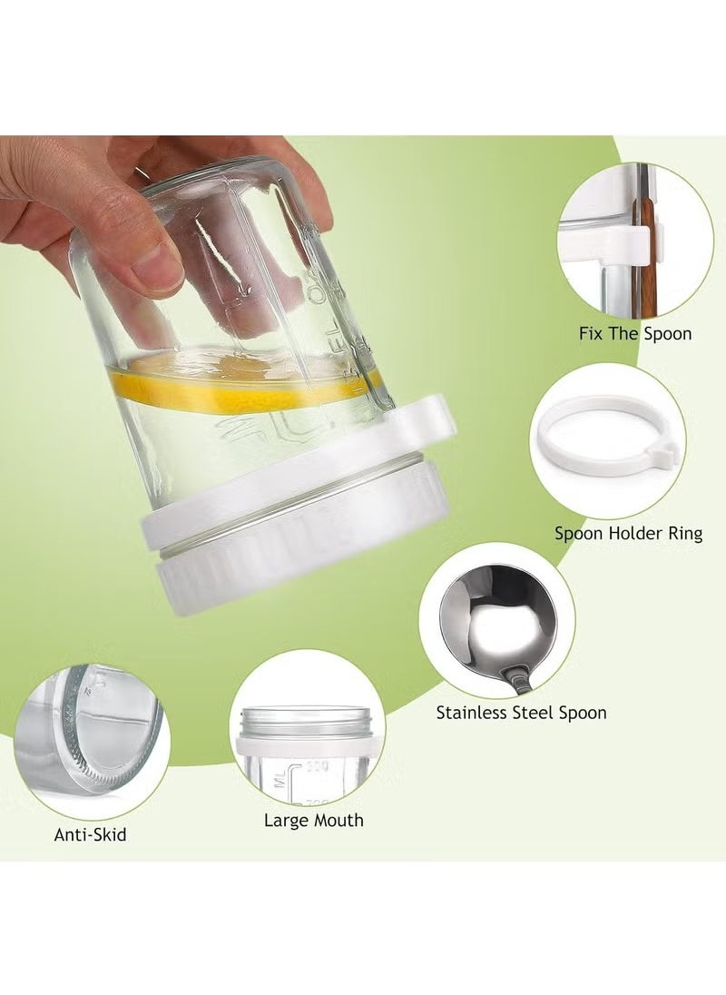 2-piece food can set,Blue and white 350ml glass cans,Sealed lid and spoon,Food storage container for salads,juices, snacks,Leak proof and microwave safe
