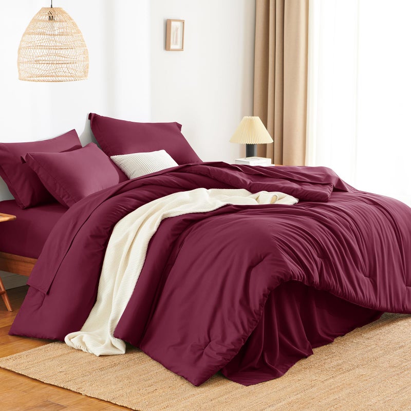 HIMEET Queen Comforter Set - 7 Pieces Bed in a Bag Queen Size, Luxury Comforter Set with Sheets for All Season, Bed Set with Comforter, Flat Sheet, Fitted Sheet, Pillowcases & Shams, Burgundy - Image 3