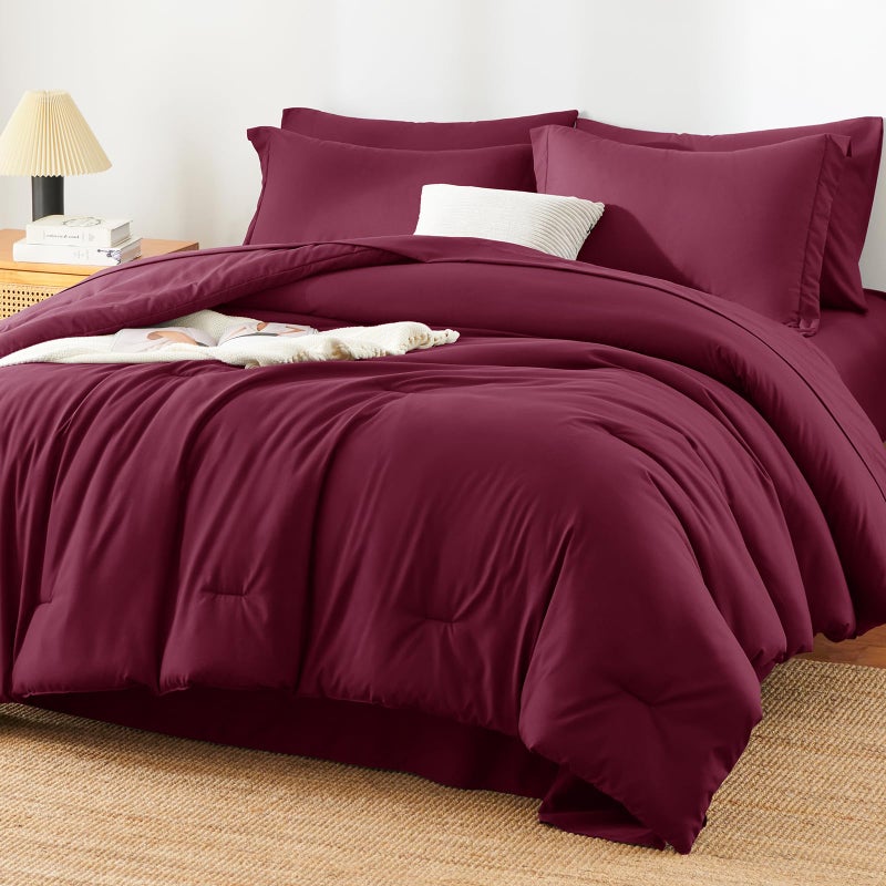 HIMEET Queen Comforter Set - 7 Pieces Bed in a Bag Queen Size, Luxury Comforter Set with Sheets for All Season, Bed Set with Comforter, Flat Sheet, Fitted Sheet, Pillowcases & Shams, Burgundy - Image 1