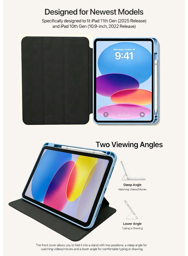 حافظة Blue Ribbon لجهاز iPad من الجيل الحادي عشر (2025) / الجيل العاشر (2022) مقاس 10.9 بوصة - غطاء قابل للطي بنمط فيونكة زرقاء لطيفة (كوايي) مع ظهر شفاف، وقشرة واقية مقاومة للصدمات للفتيات والفتيان والمراهقين - Image 3