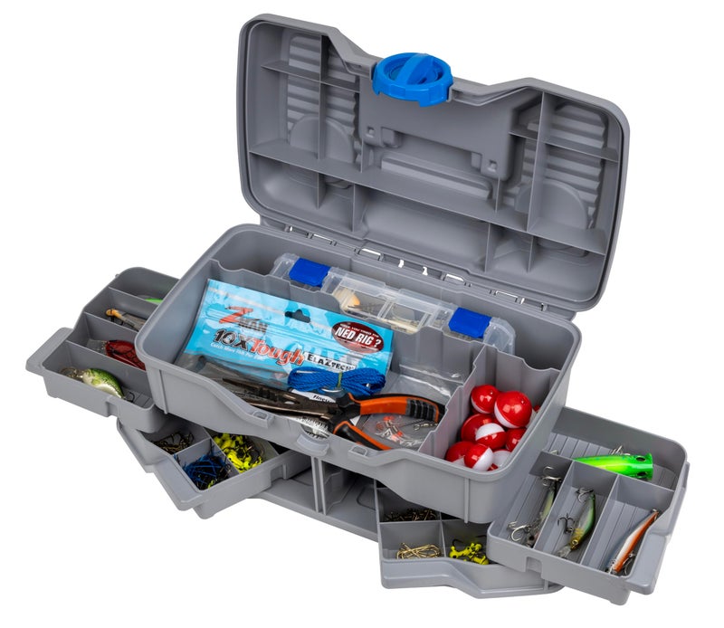 Flambeau Outdoors Next Gen 4/0 Medium Fishing Tackle Box - 4 Pivot Trays, 23 Compartments, Includes 25-piece Tackle Kit, Fishing Tackle and Gear Storage, Fishing Lure Organizer, Light Gray - Image 5