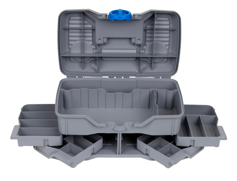 Flambeau Outdoors Next Gen 4/0 Medium Fishing Tackle Box - 4 Pivot Trays, 23 Compartments, Includes 25-piece Tackle Kit, Fishing Tackle and Gear Storage, Fishing Lure Organizer, Light Gray - Image 4