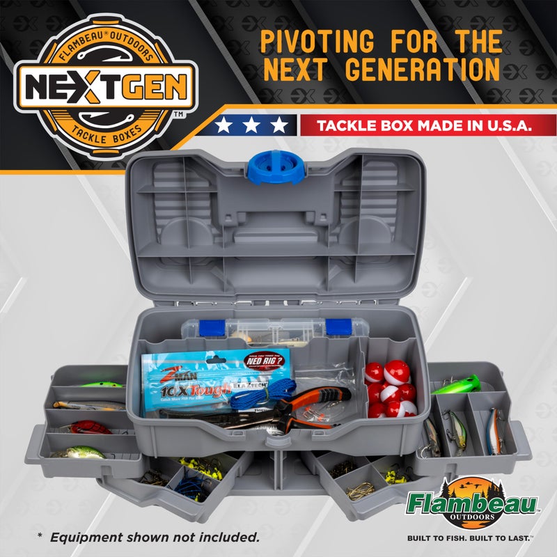 Flambeau Outdoors Next Gen 4/0 Medium Fishing Tackle Box - 4 Pivot Trays, 23 Compartments, Includes 25-piece Tackle Kit, Fishing Tackle and Gear Storage, Fishing Lure Organizer, Light Gray - Image 2