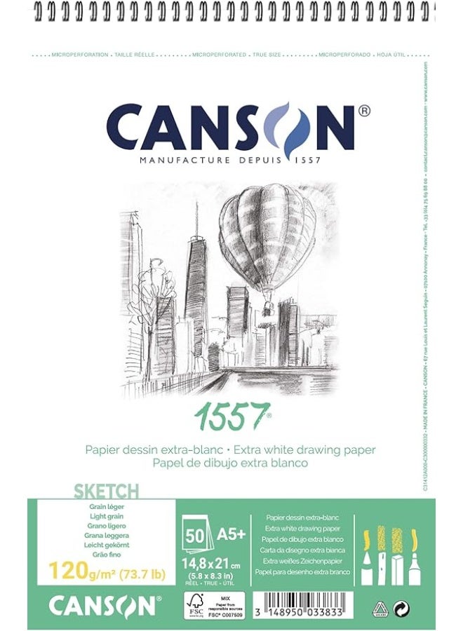 CANSON A5 Size Spiral Sketch Pad With Extra White 50 Sheets 120gsm Thickness - Image 1