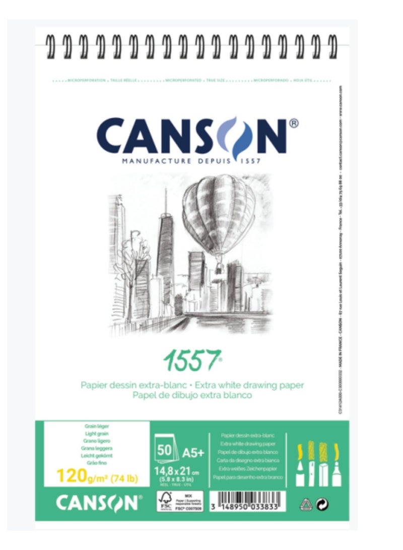CANSON A5 Size Spiral Sketch Pad With Extra White 50 Sheets 120gsm Thickness - Image 2