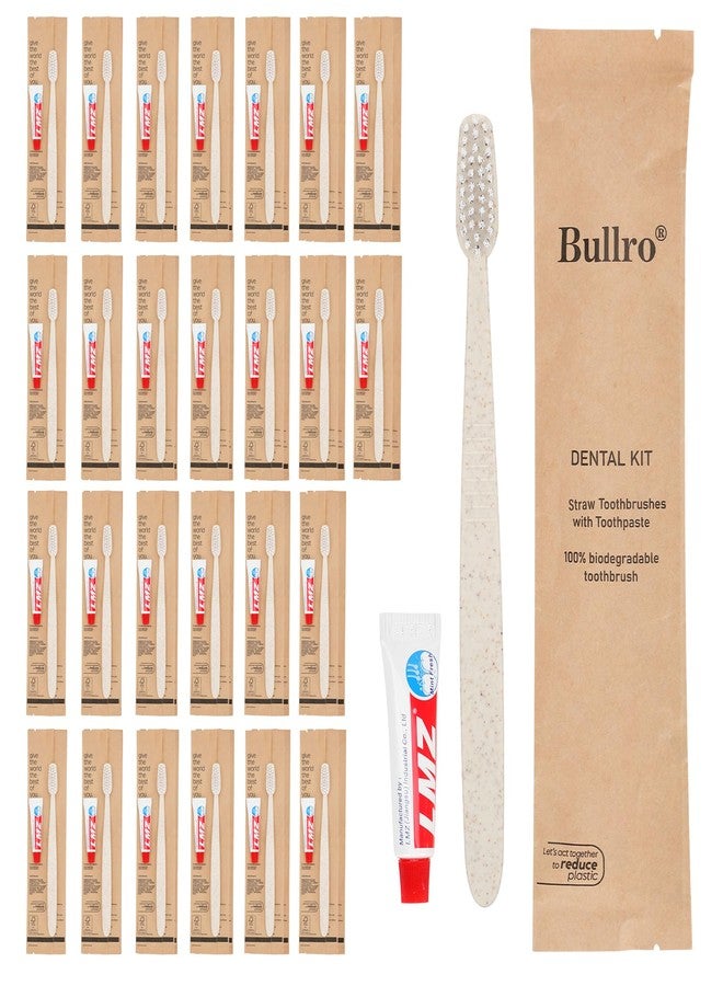 Bullro Disposable Wheat Straw Toothbrushes Kit - 50 Pcs Toothbrush and Toothpaste(6g) Bulk, Individually Wrapped Disposable Amenities for Hotel, Airbnb, Travel, Camping, Homeless & Guest Use - Image 1