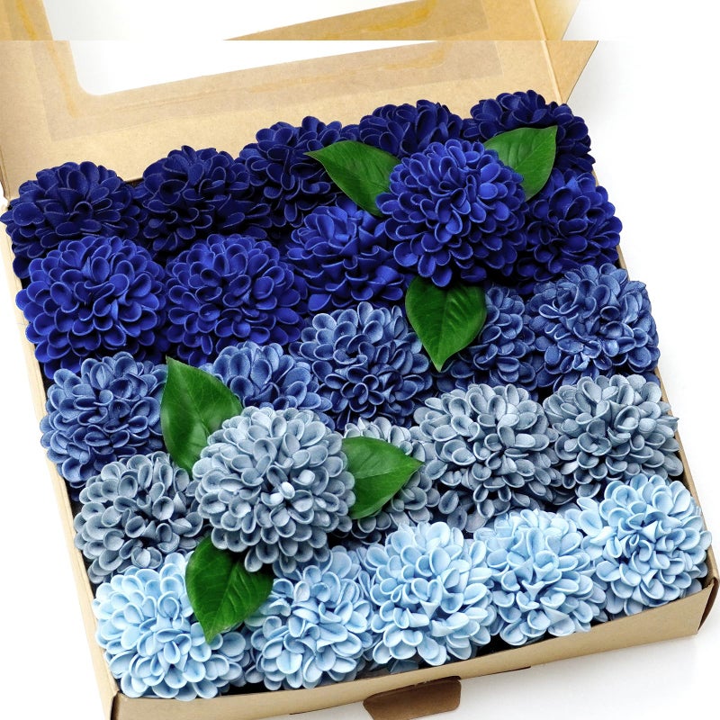 Piklado Artificial Wedding Dahlia Flowers 25 pcs Fake Roses with Stem for DIY Wedding Decor Centerpieces Arrangements Bouquets (Shades of Navy Blue) - Image 1