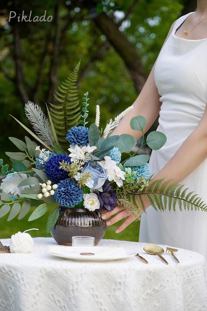 Piklado Artificial Wedding Dahlia Flowers 25 pcs Fake Roses with Stem for DIY Wedding Decor Centerpieces Arrangements Bouquets (Shades of Navy Blue) - Image 4