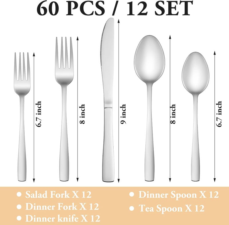 MUTNITT 60 Piece Silverware Set Service for 12Premium Stainless Steel Flatware SetMirror Polished Cutlery Utensil SetsDurable Home Kitchen Eating Tableware SetsInclude Fork Knife SpoonDishwasher Safe - Image 2