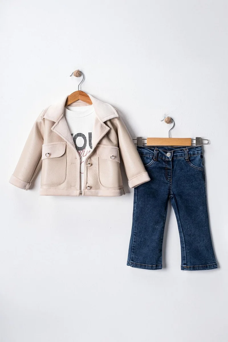 Miniğimin Cicileri My Little Ones Leather Coat Girl 3-Piece Set - Cream