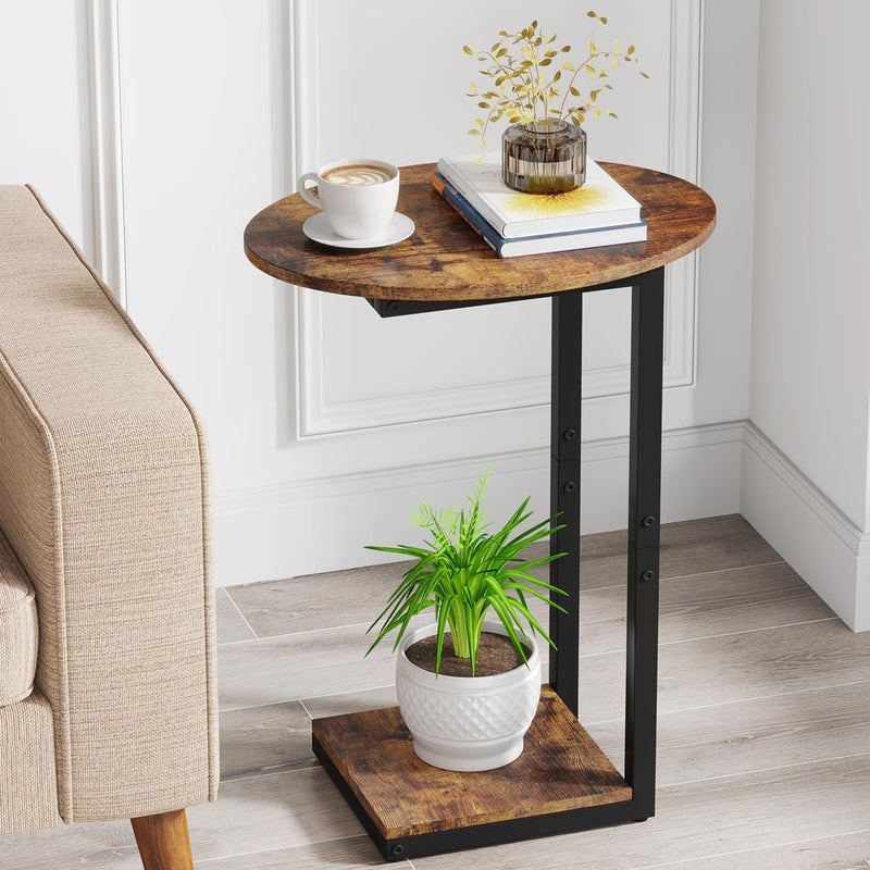 Hosfais Side Table Small End Table, C-Shaped Wood Sofa Table with Metal Frame for Living Room, Bedroom, Small Spaces (Rustic Brown) - Image 1