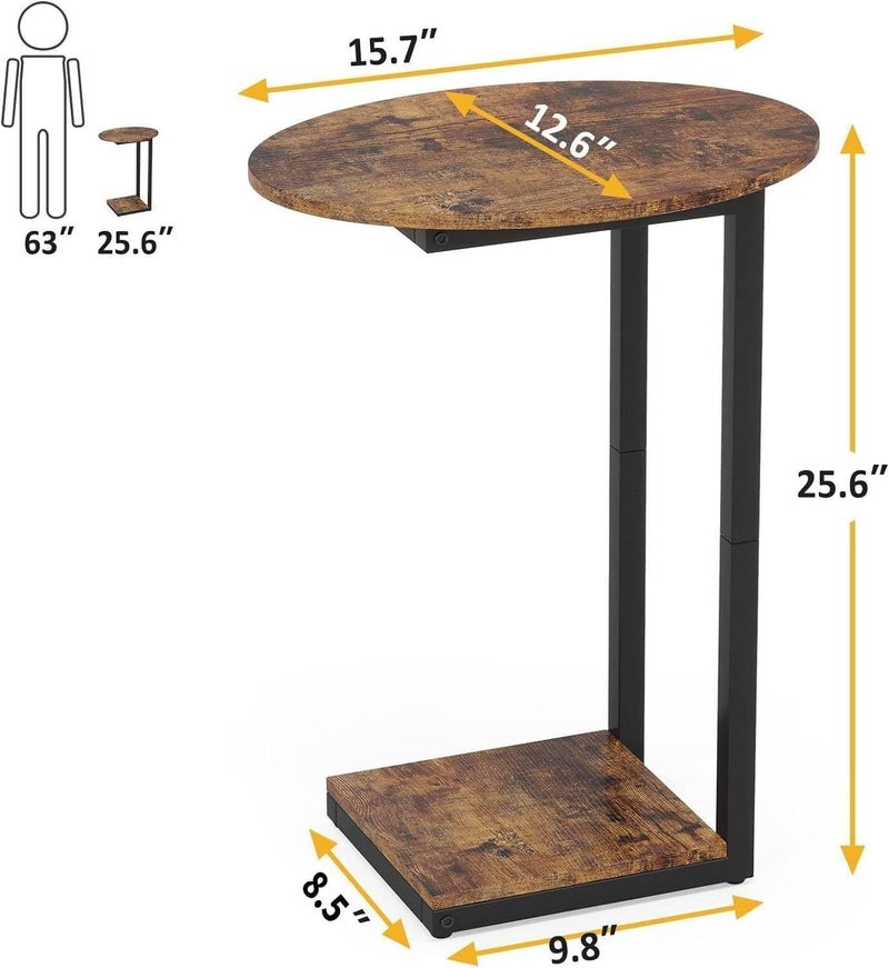 Hosfais Side Table Small End Table, C-Shaped Wood Sofa Table with Metal Frame for Living Room, Bedroom, Small Spaces (Rustic Brown) - Image 2