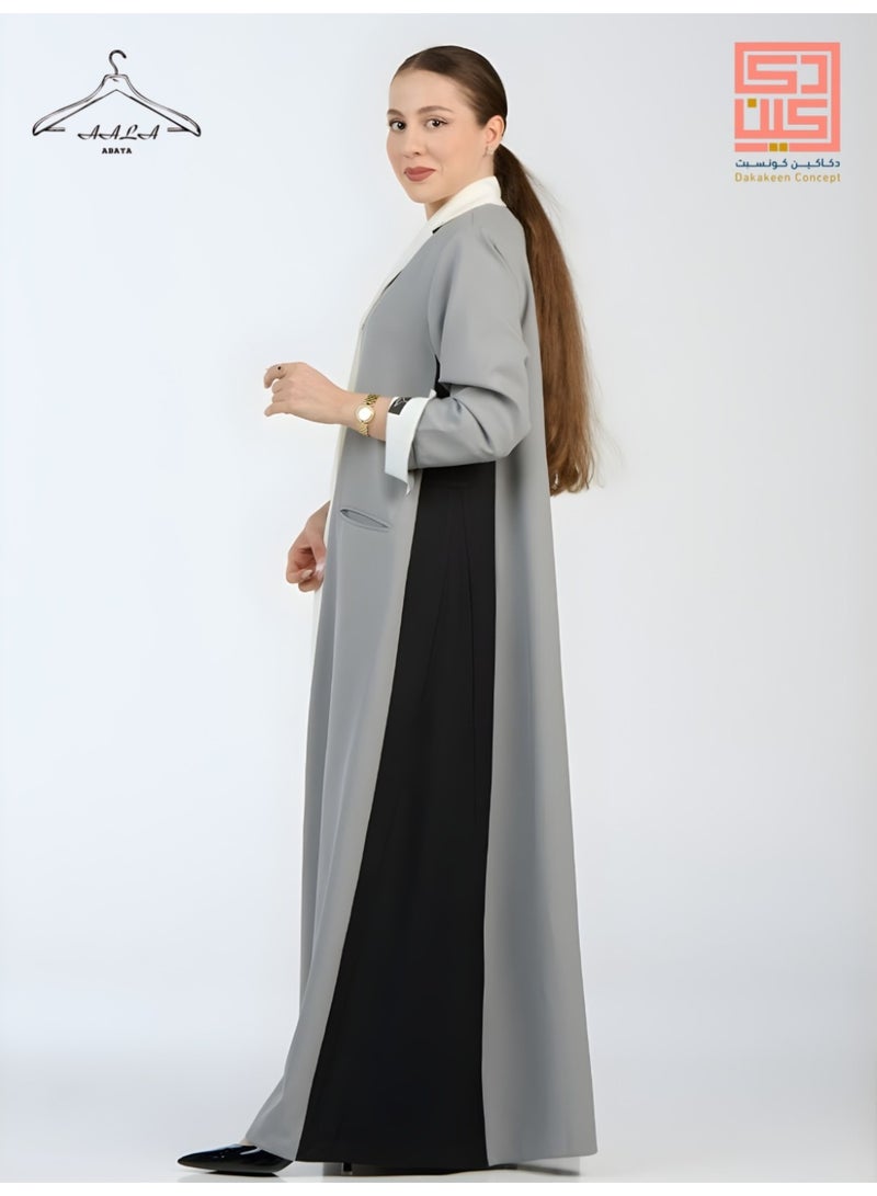Dakakeen Concept Gray Crepe Blazer by Designer Alaa from Dakakeeen Al-Khair – Abaya for Women Gray Crepe Blazer - Saudi Style Luxury Women's Abaya, Modest Open Front Daily & Formal - size 56 - Image 3