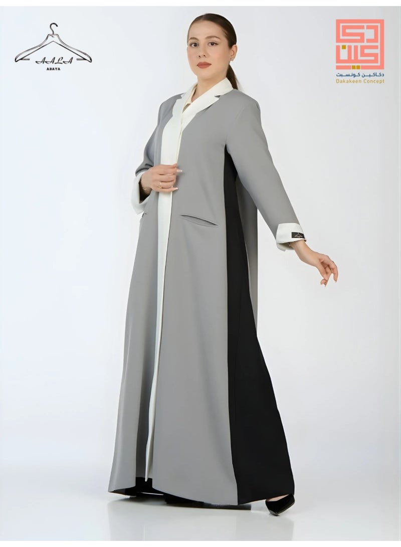 Dakakeen Concept Gray Crepe Blazer by Designer Alaa from Dakakeeen Al-Khair – Abaya for Women Gray Crepe Blazer - Saudi Style Luxury Women's Abaya, Modest Open Front Daily & Formal - size 56 - Image 2