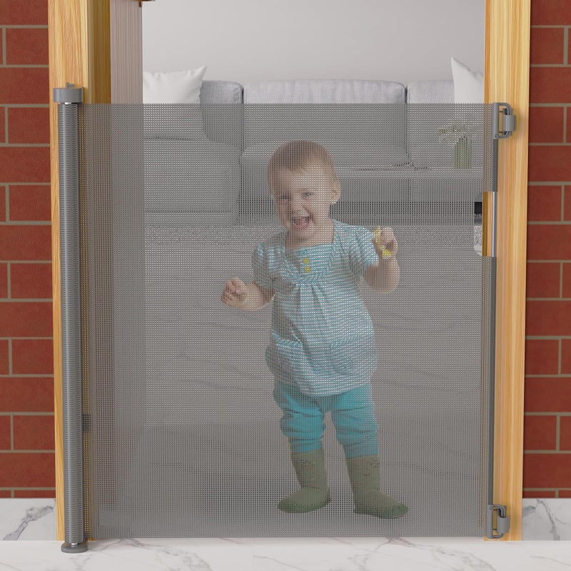 Cherilo Baby Safety Gate, Retractable Mesh, Baby Fence Barrier Expandable Up to 150cm Width, Child Gate for Stairs, Doorways, Pet Safety Gate - Grey - Image 1