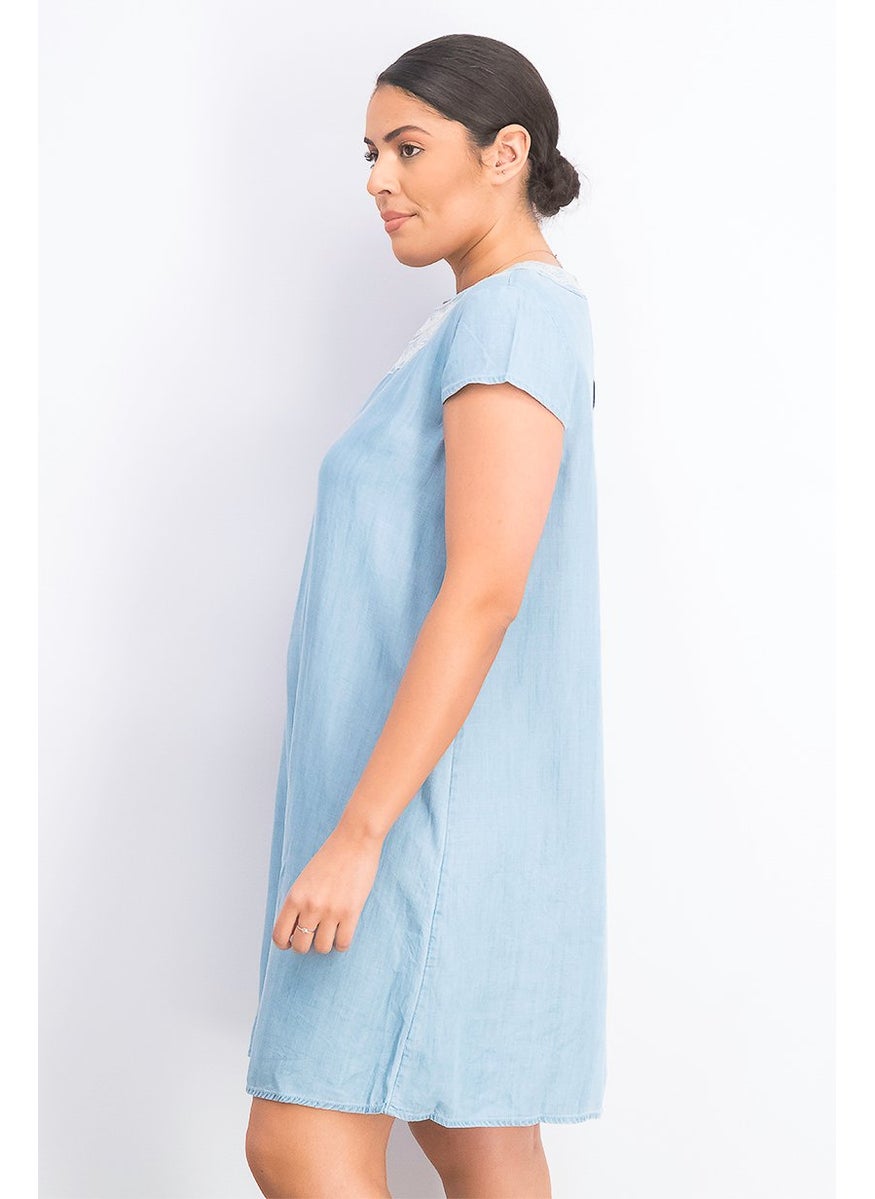 EDC Women Short Sleeve Shift Dress, Chambray  - Image 2