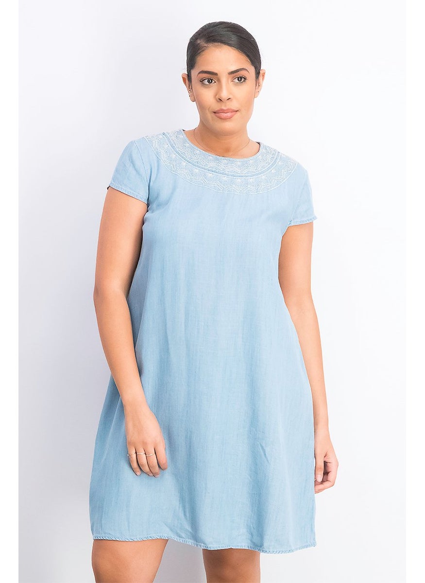 EDC Women Short Sleeve Shift Dress, Chambray  - Image 1
