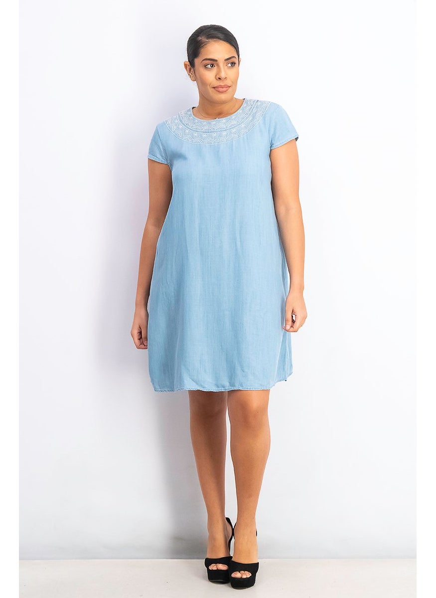 EDC Women Short Sleeve Shift Dress, Chambray  - Image 3