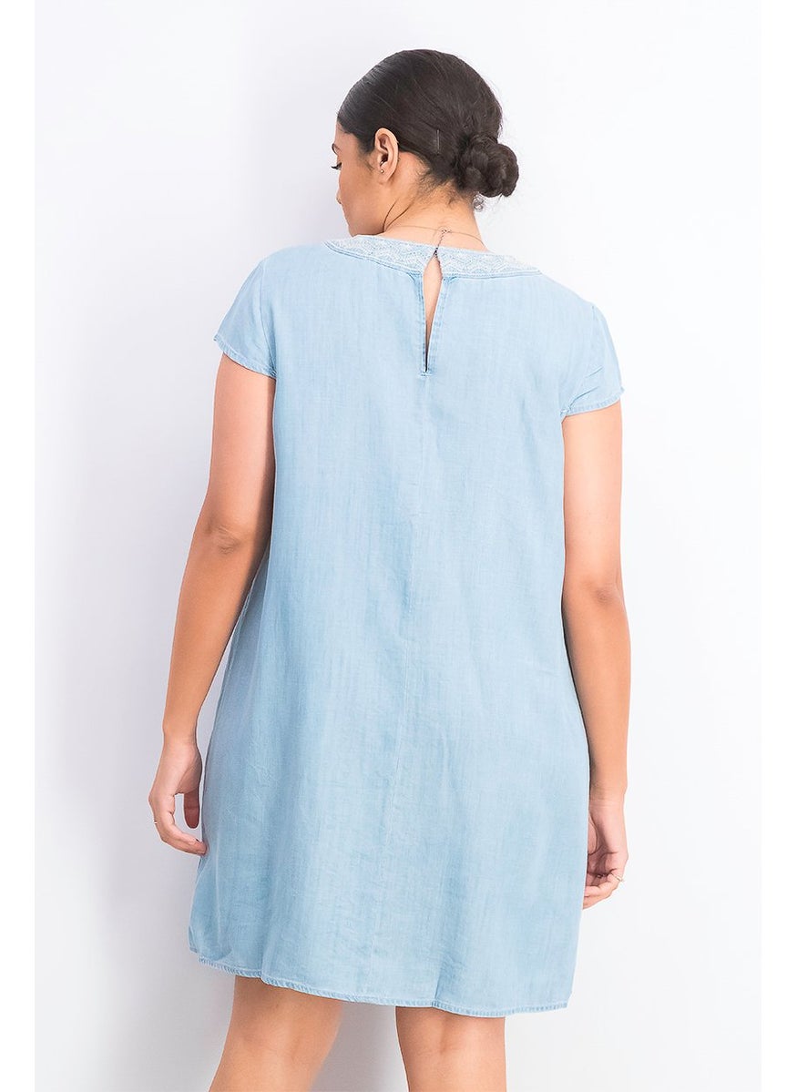 EDC Women Short Sleeve Shift Dress, Chambray  - Image 4