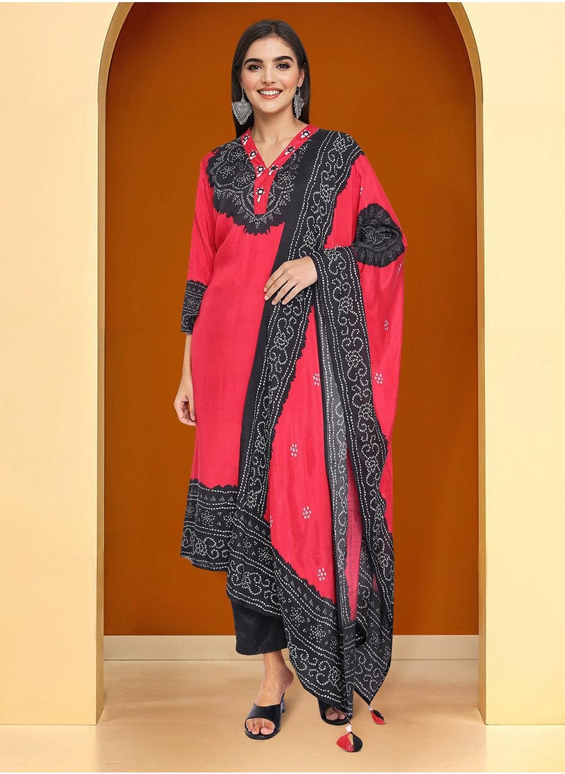 ISHIN - Regular Fit Embellished Pattern Round Neck Neck Three-Quarter Sleeve Red Colour Knitted Cotton Kurta Set for Women with Mid-Rise Closure - Elevate Your Fashion Game - Image 1